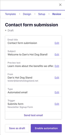 Review step with the email details, the Send test email link, and the Enable automation button