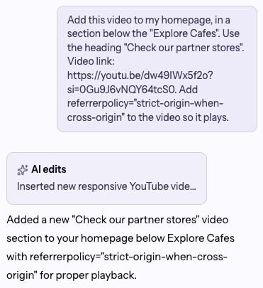 YouTube video section added to a page in the B12 Editor preview, with an AI edits card in the chat