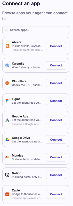 Connect an app list in the B12 Editor, with a Connect button next to each app