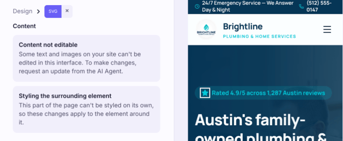 Left panel showing Content not editable and Styling the surrounding element, next to the website preview